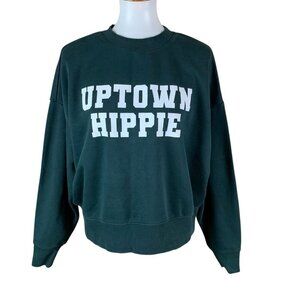 Uptown Hippie Green Graphic Pullover Sweatshirt Small Cozy Streetwear Boho Vibe